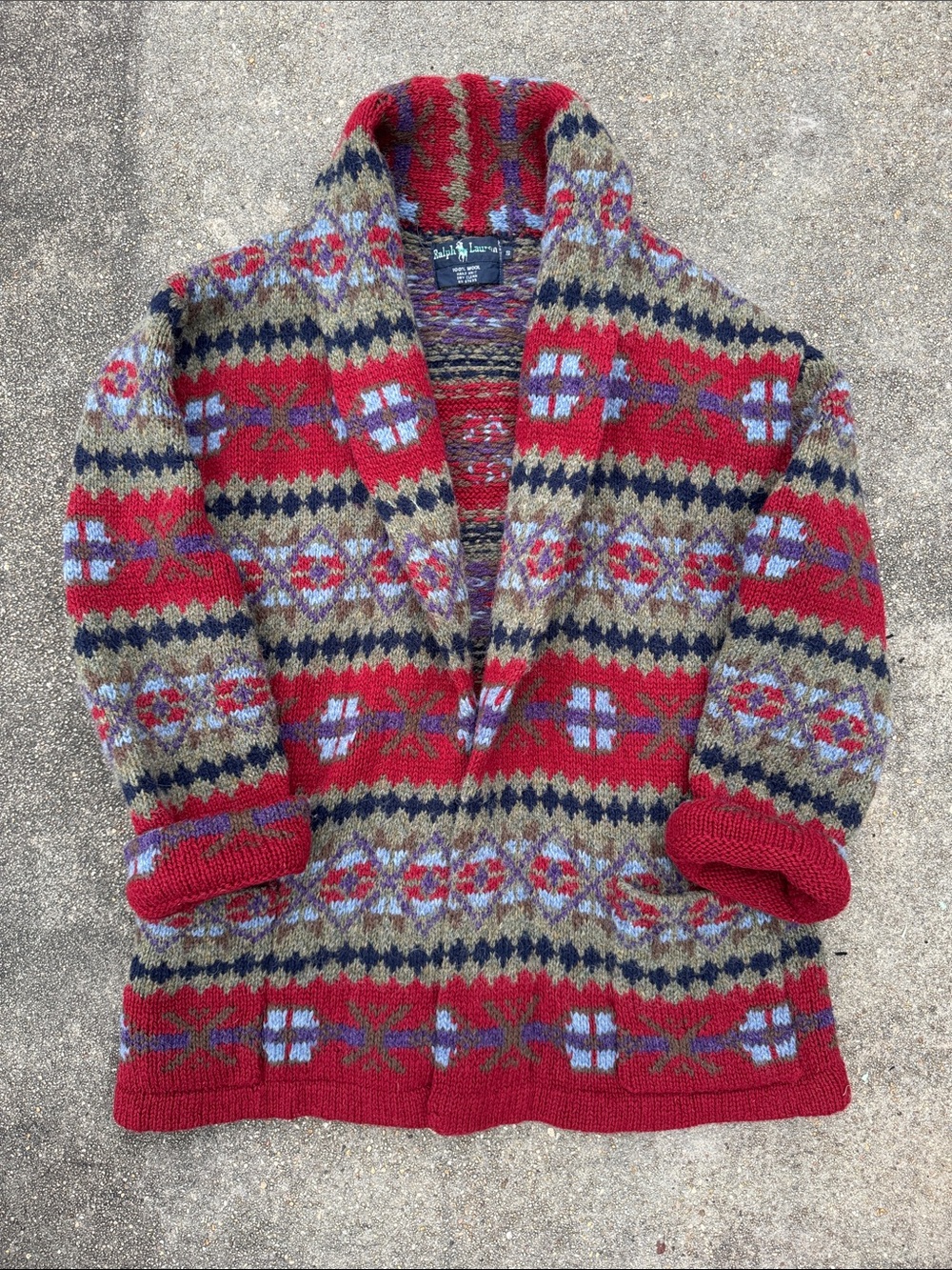 RARE Vintage Ralph Lauren Red Multicolor Fair Isle Wool Cardigan Sweater S